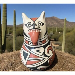 Mata Ortiz Pottery Dog Tongue‎ Out Effigy Lourdes Villalba Paquime Folk Art Clay